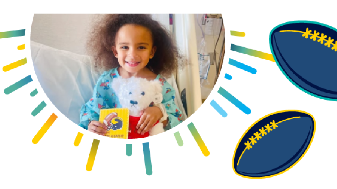 little girl holding teddy bear and football illustrations to the right