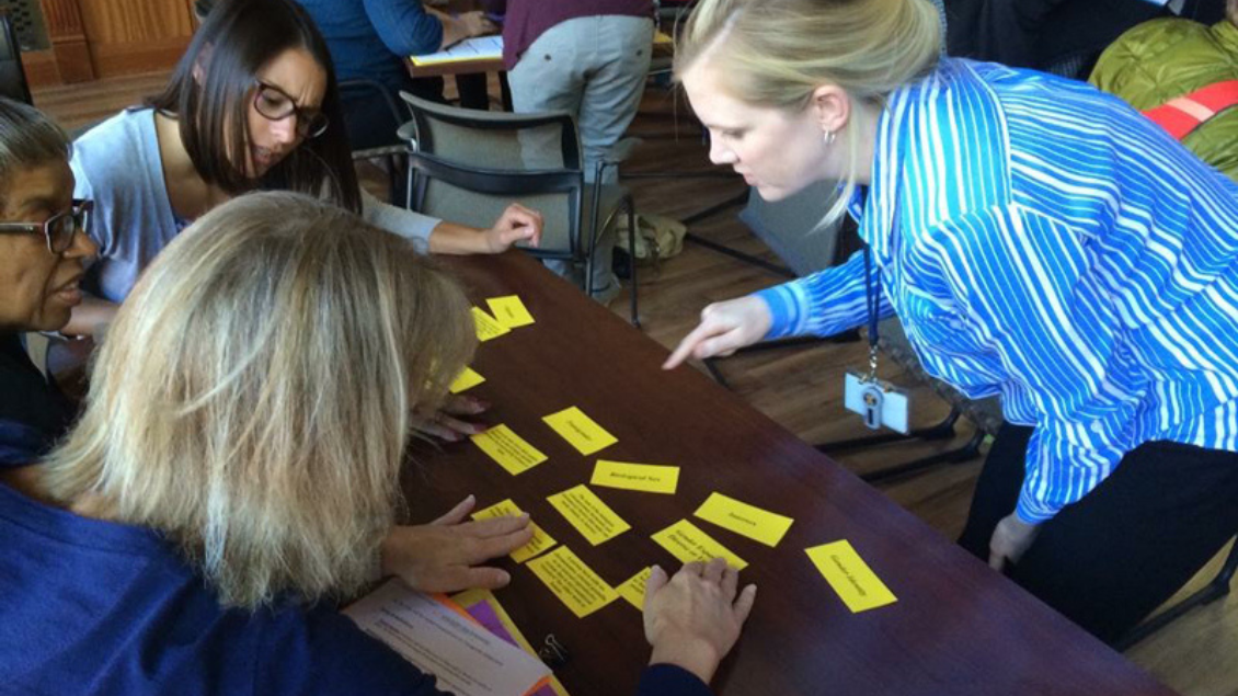 A group of women sitting around a table discussing, pointing at sticky notes.