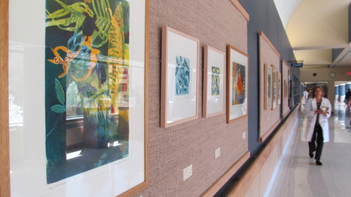 Artwork is displayed along a hospital corridor