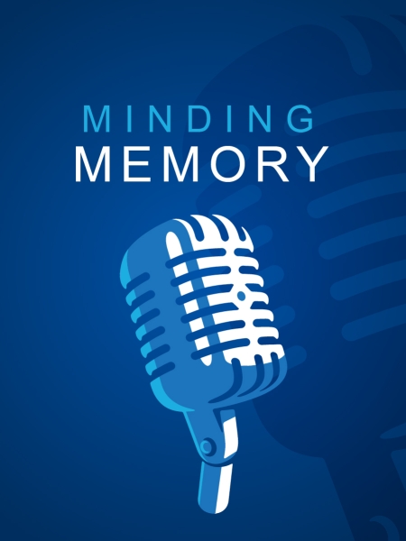 Minding Memory with a microphone and a shadow of a microphone on a blue background