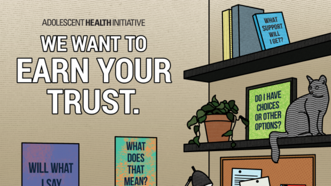Poster showing illustration of an office with a plant, a cat and books on shelves with the text, We want to earn your trust