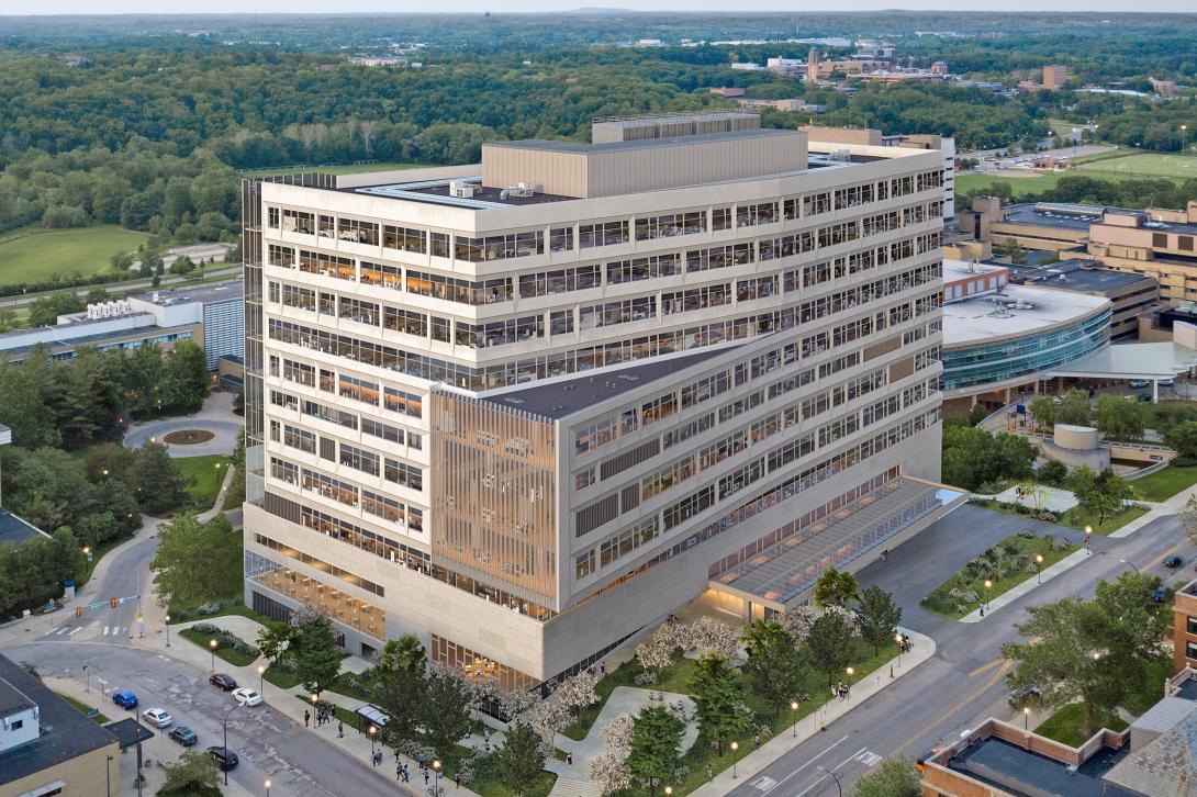 Realistic architectural rendering of Kahn Pavilion aerial
